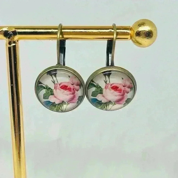 Vintage Feel Pink Roses Print Earrings - Picture 2 of 5